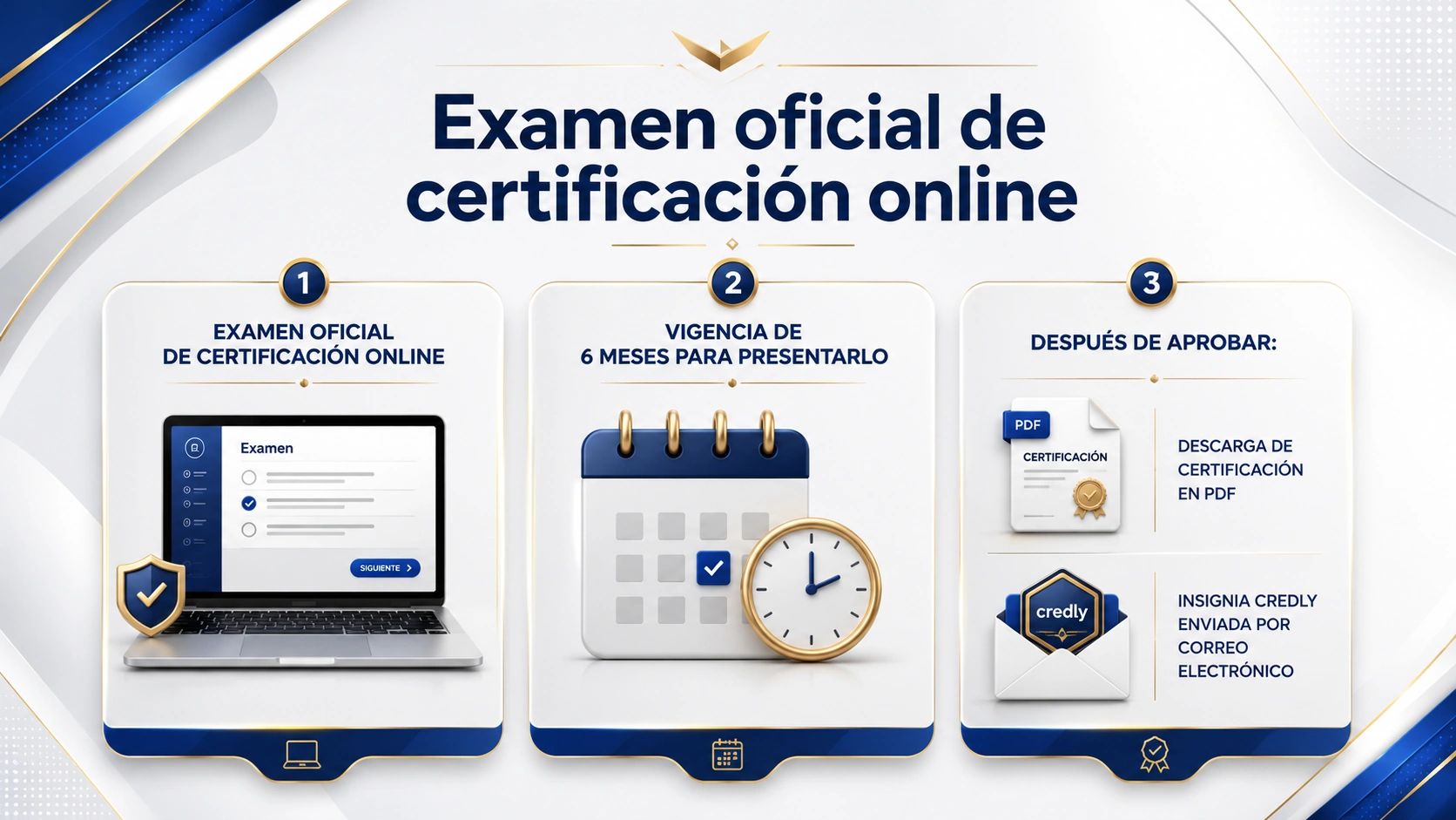 Examen oficial online, certificado PDF e insignia digital